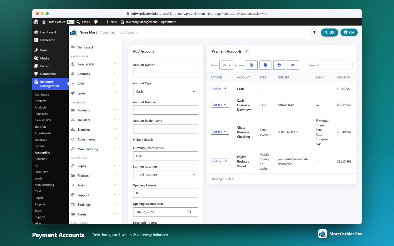 Payment accounts with money in, money out and live balance.