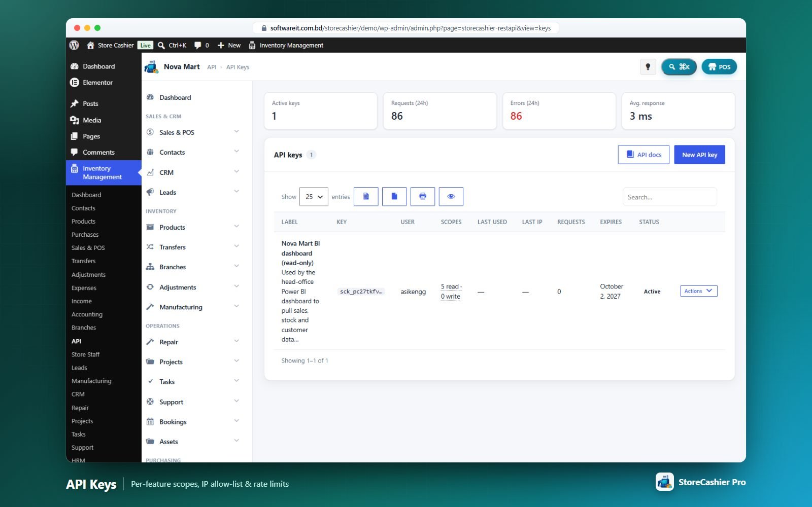API Keys — per-feature read/write scopes, expiry, IP allow-list and rate limit.