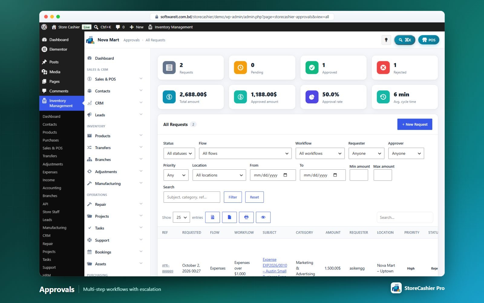 Pending Approvals inbox with inline approve/reject, due dates and escalation badges.