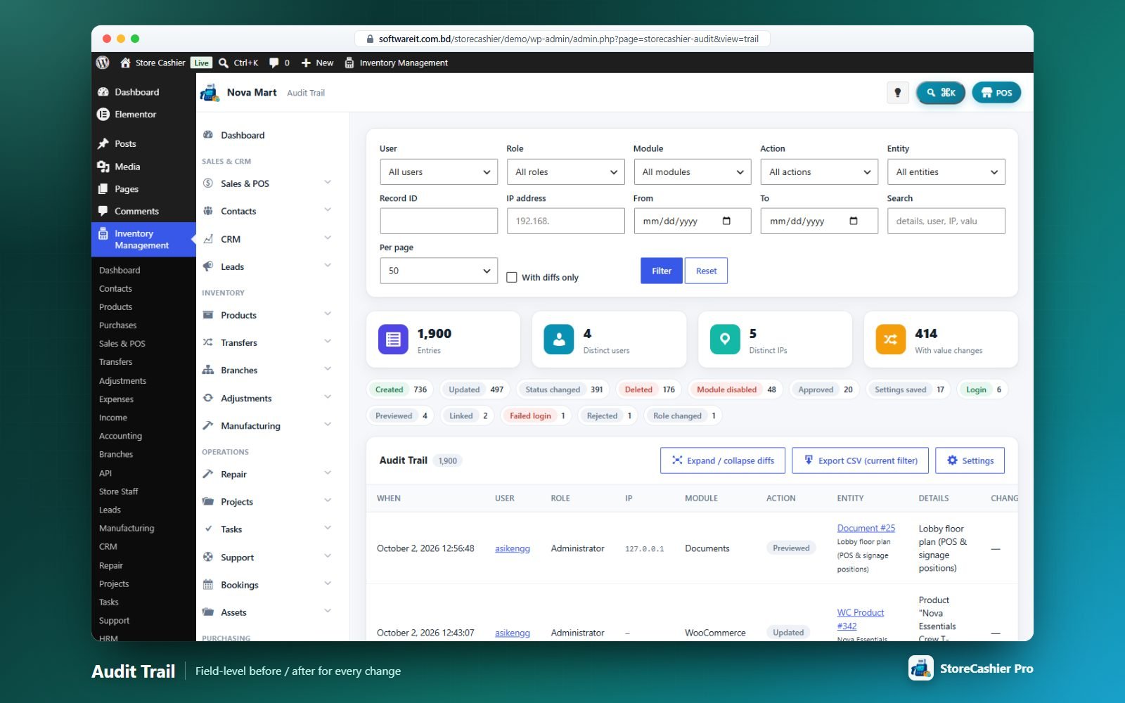 Audit Trail with filters and expandable before/after change tables.