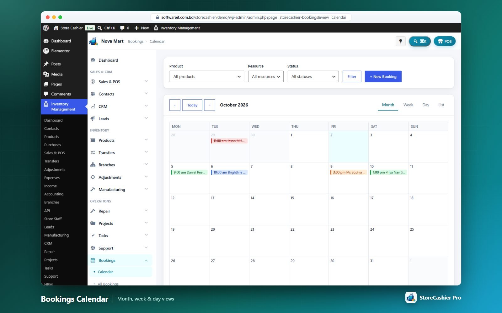 Bookings calendar (month view) filtered by product, resource and status.