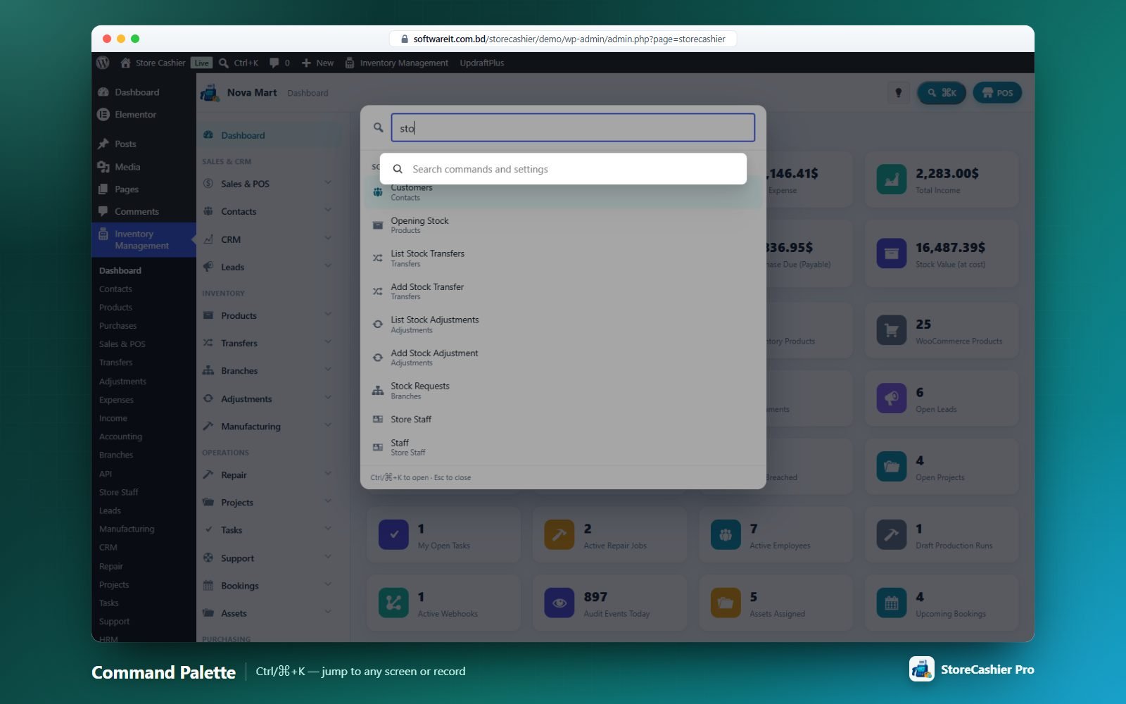 Ctrl/⌘+K jumps to any screen or searches contacts, products, deals, tickets, jobs and more.