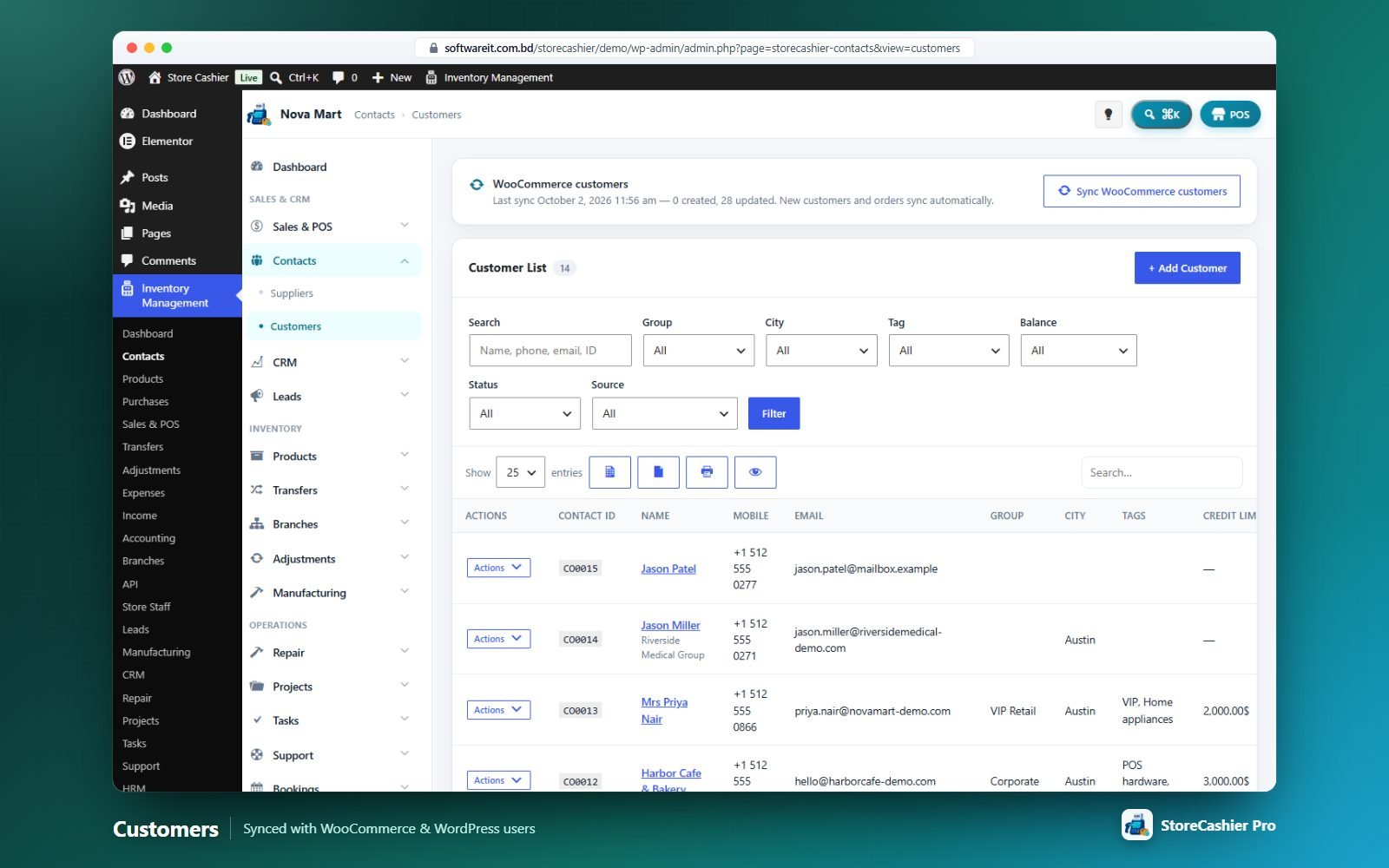 Customer list with WooCommerce sync banner, filters, web orders and balance due.
