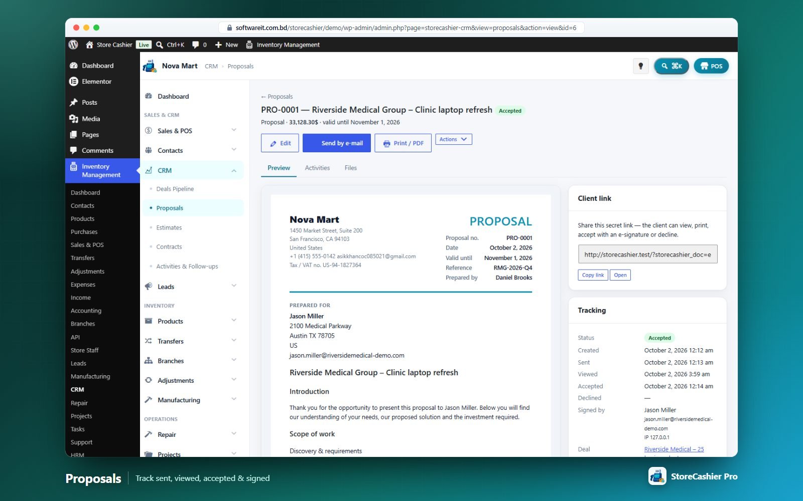 A proposal preview with line items, totals and the shareable client link.