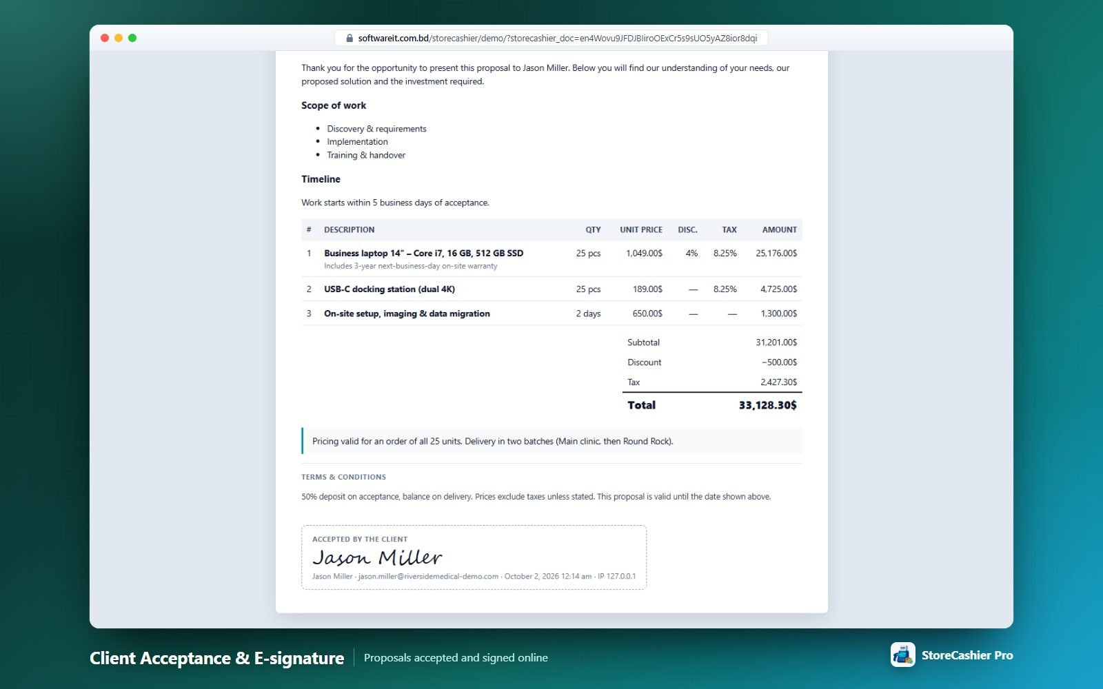 The public client page — accept with a typed or drawn e-signature, or decline with a reason.