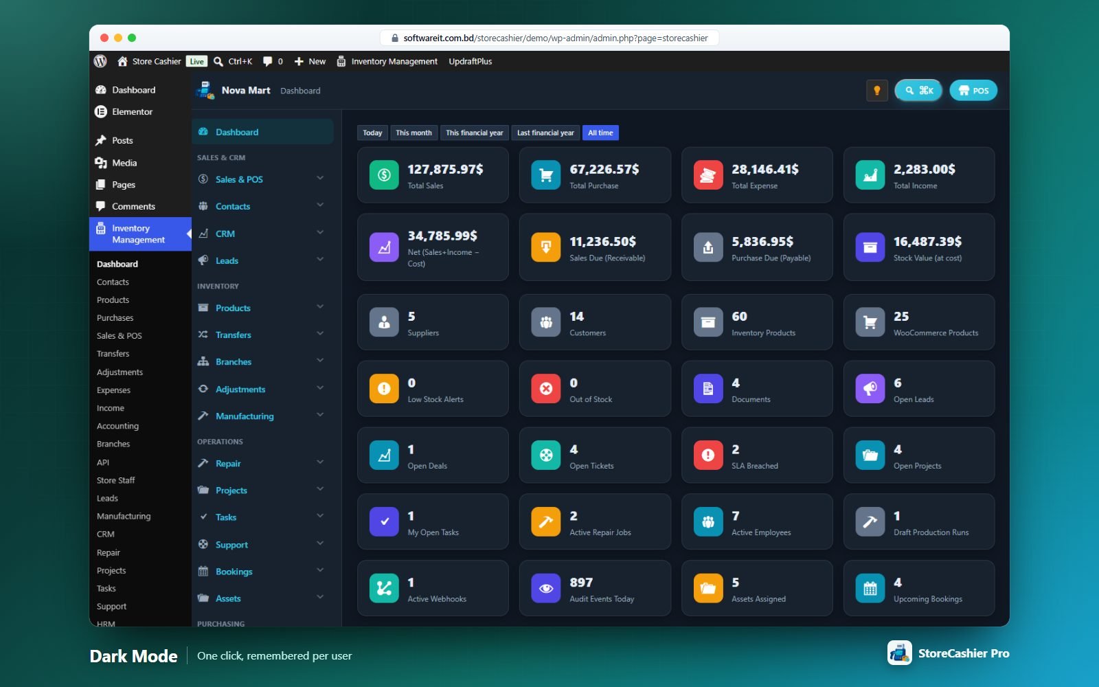 Dark mode — toggled from the lightbulb icon in the top bar and remembered per user.
