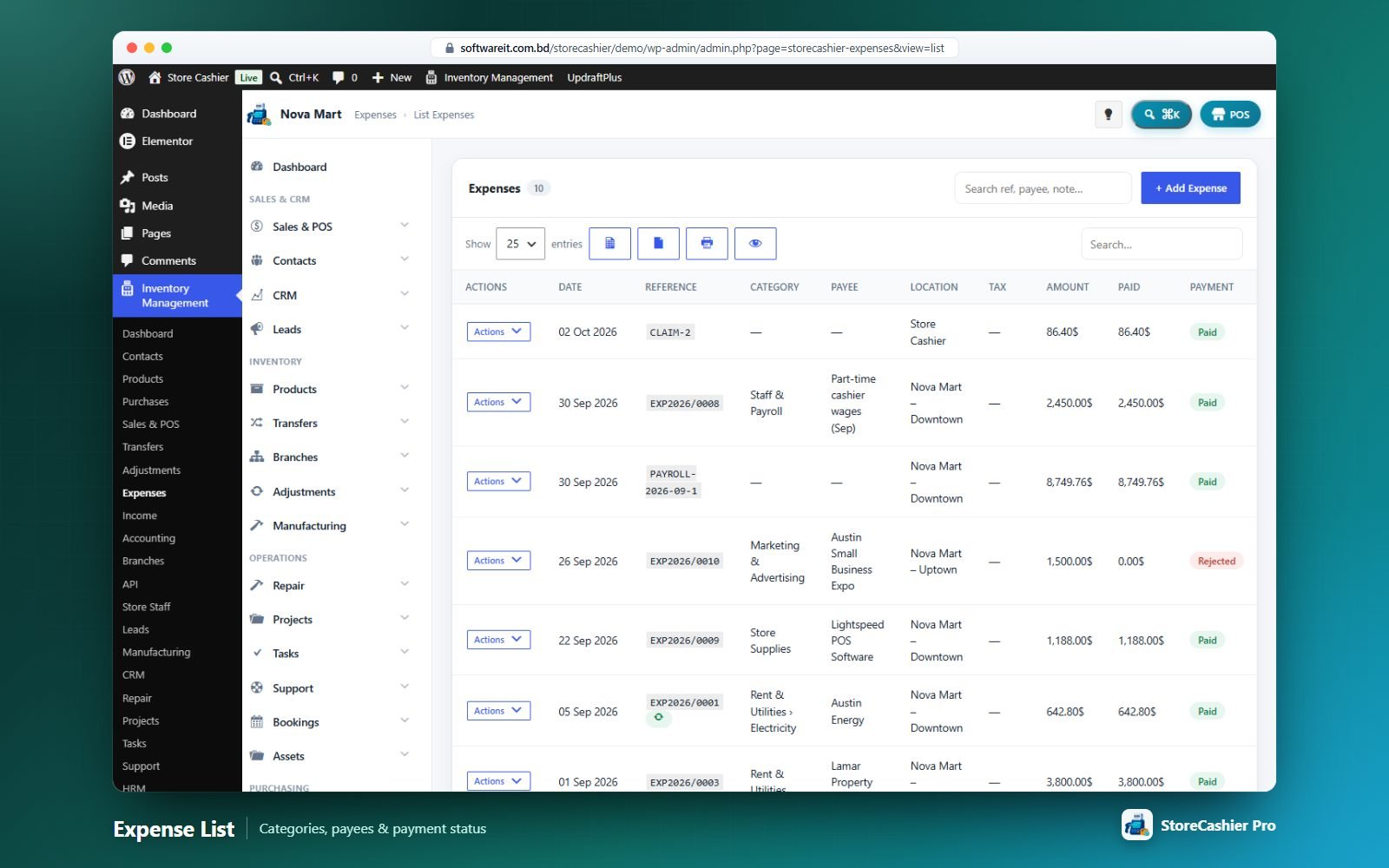 Expense list with categories, payees, tax and payment status.