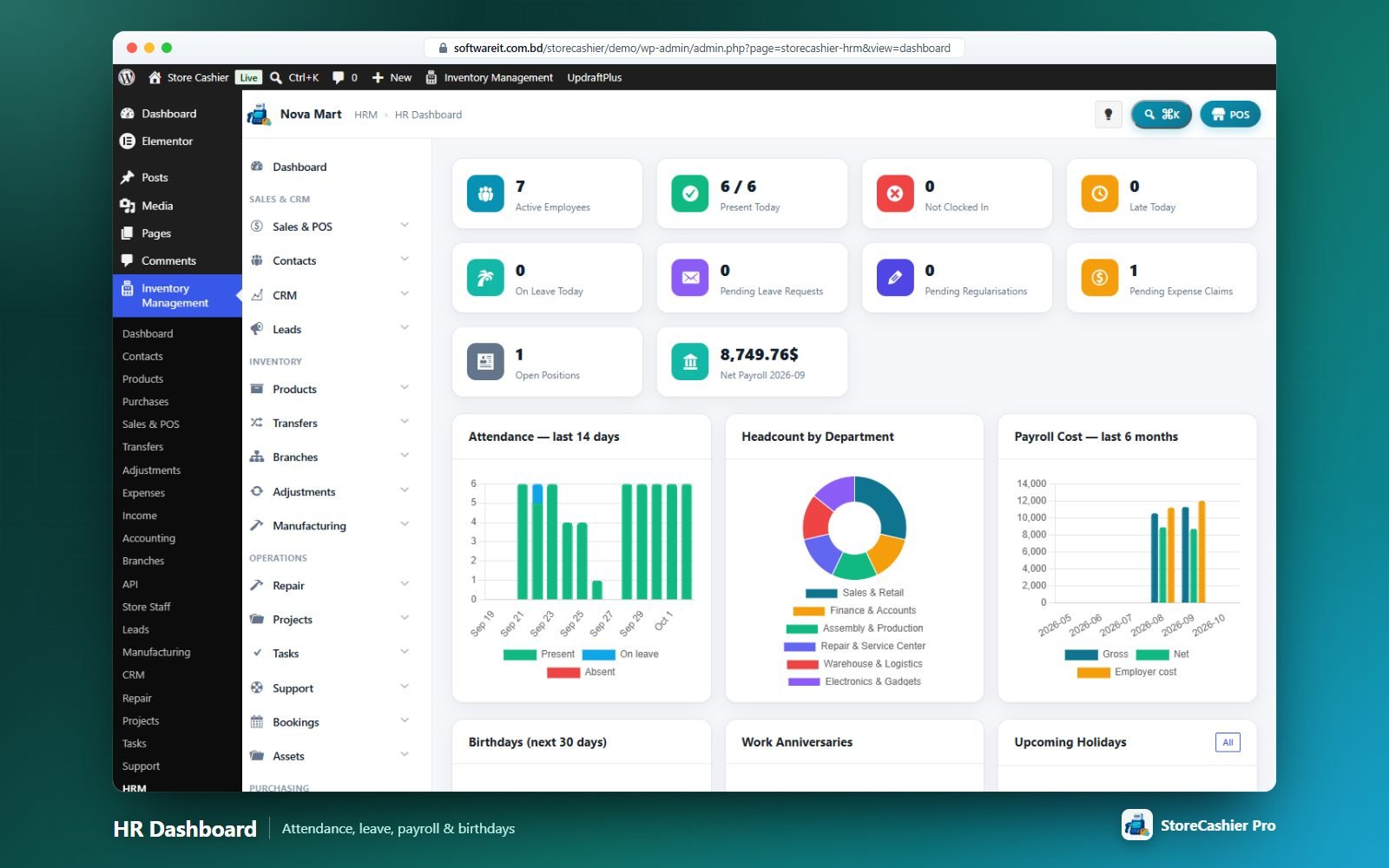 HR Dashboard — attendance today, pending requests, payroll cost, birthdays and expiring documents.