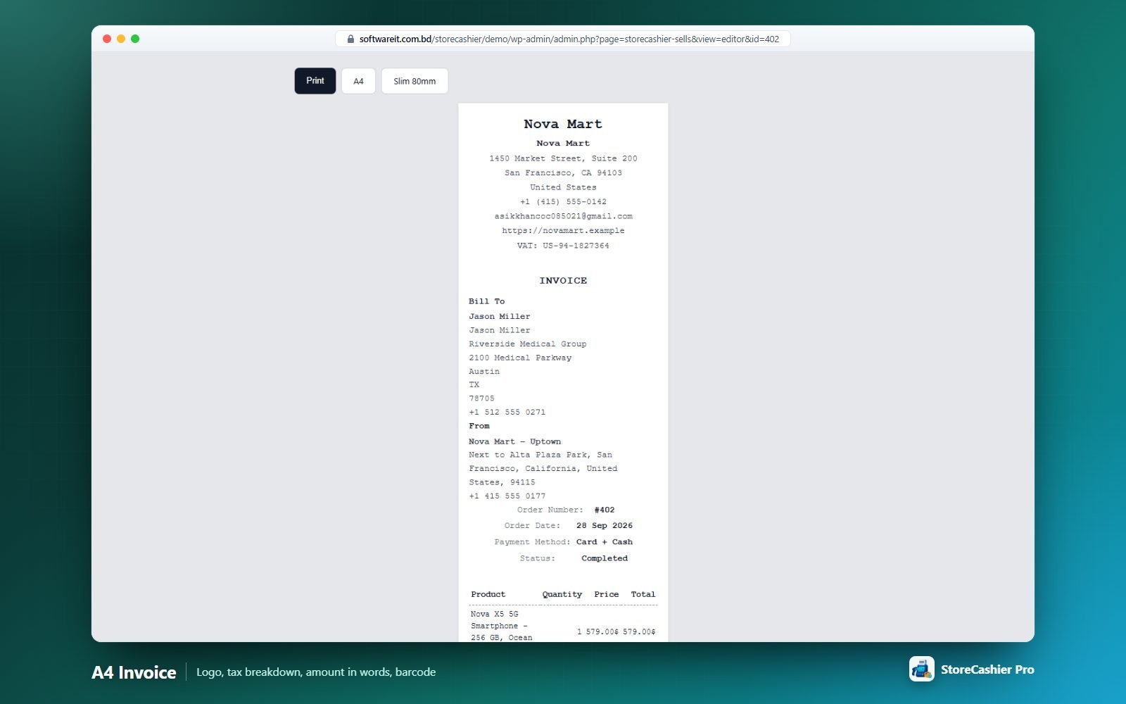 A printed A4 invoice with logo, bill-to, items, tax breakdown, amount in words and barcode.