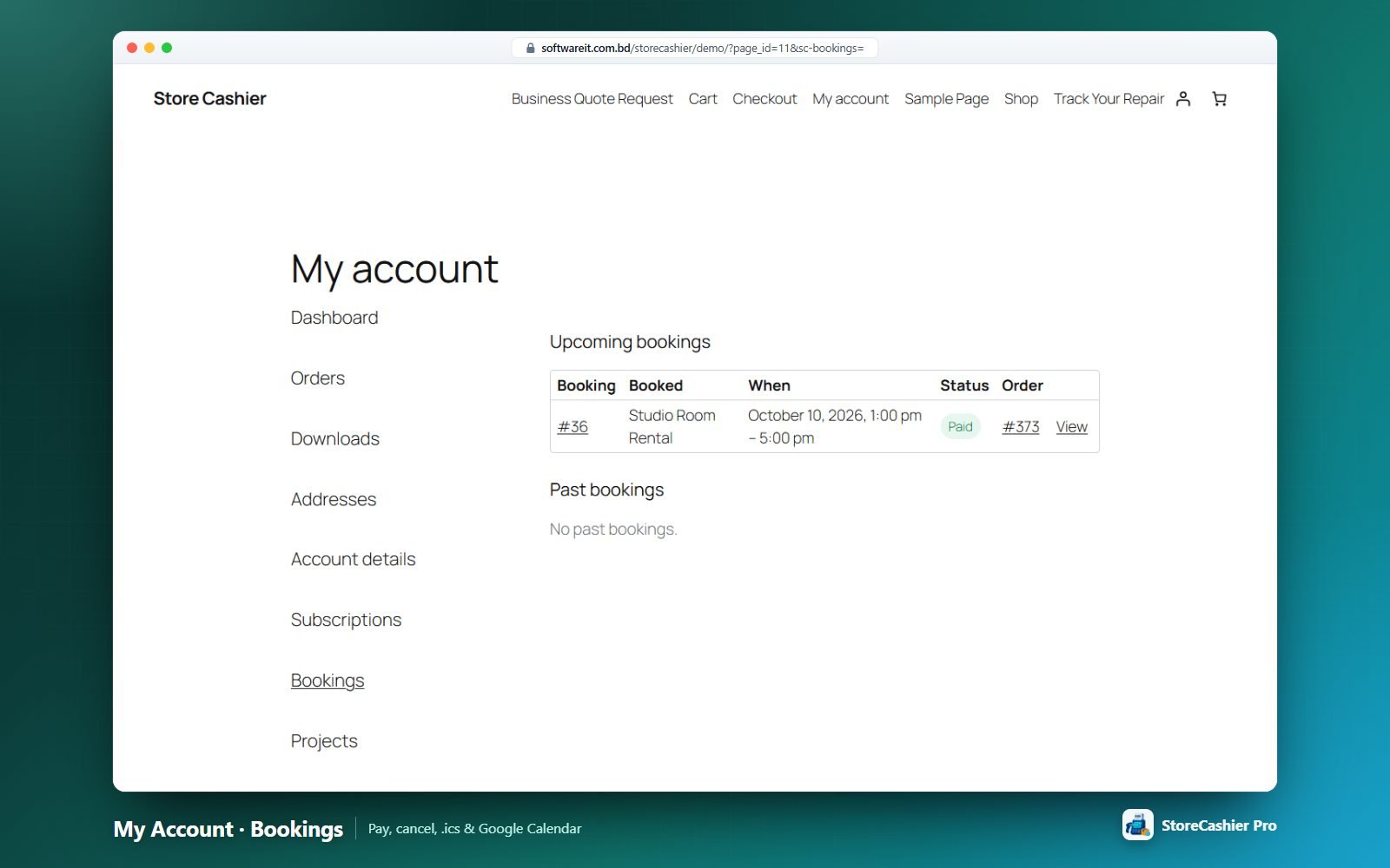 My Account → Bookings: upcoming and past bookings with pay, cancel and calendar links.