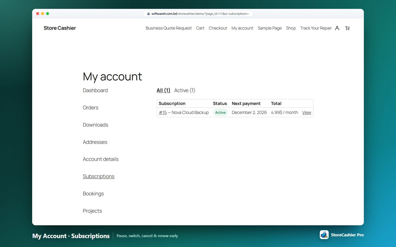 My Account → Subscriptions with pause, cancel, switch plan and renew-now actions.