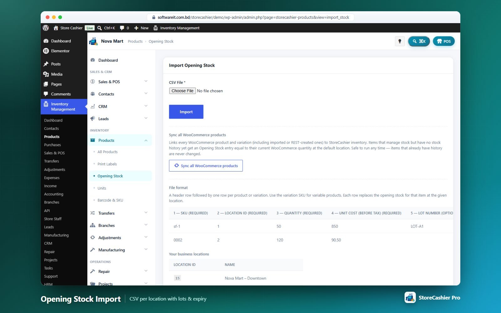 Opening stock CSV import with the column reference and your location IDs.