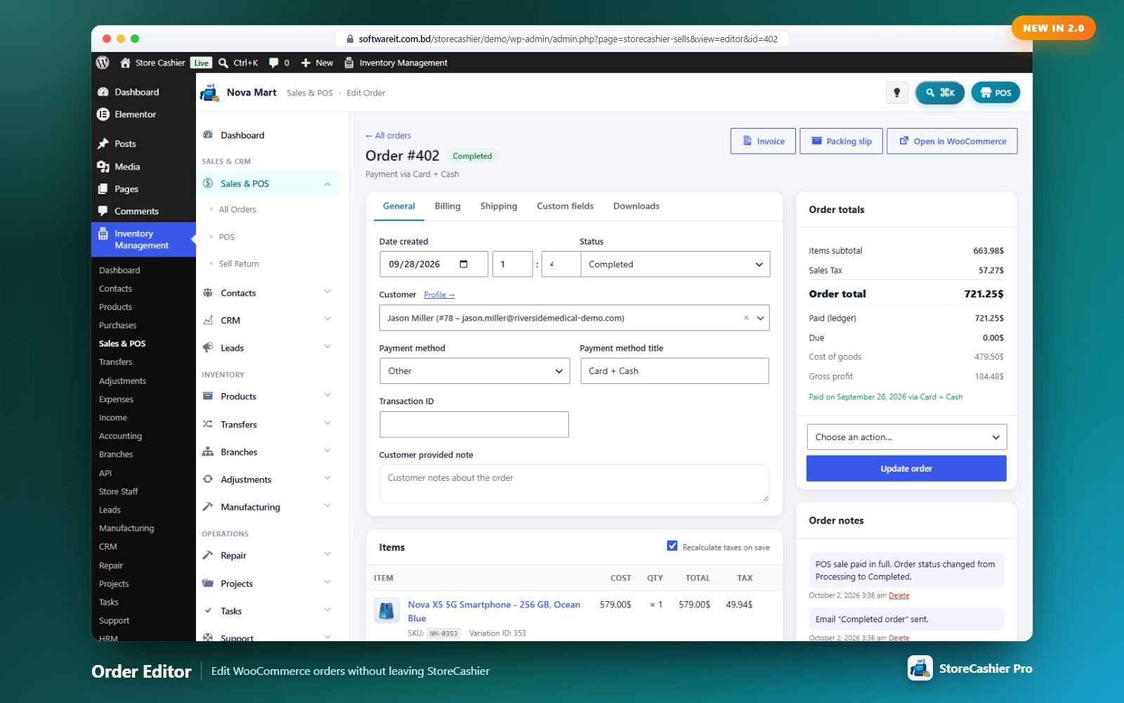 The order editor: items, totals, the StoreCashier inventory panel and order notes.