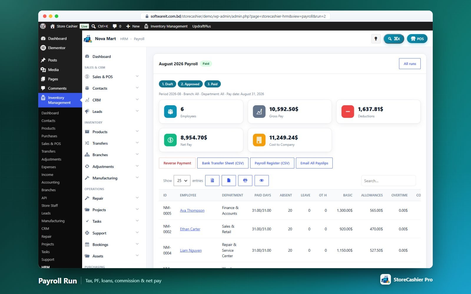 A payroll run: per-employee earnings, deductions, tax, loans and net pay with the approve → pay workflow.