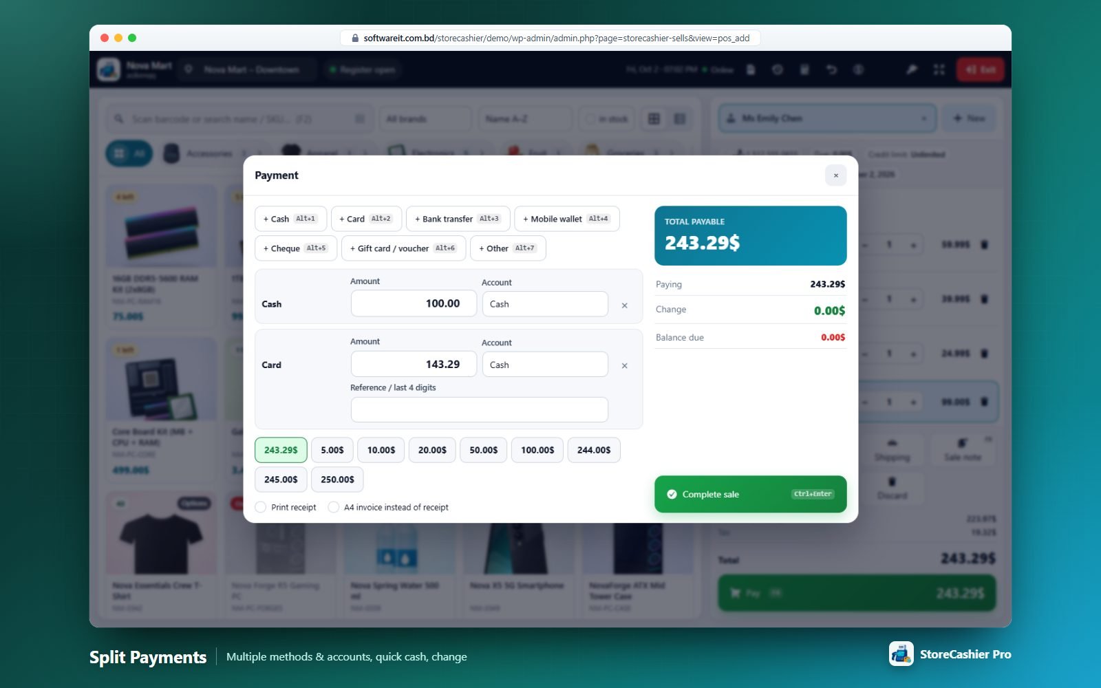 Split payment across Cash and Card with quick-cash buttons and change calculation.