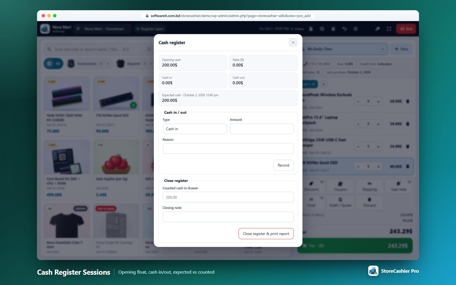 Cash register: opening float, sales by method, cash in/out and expected cash.