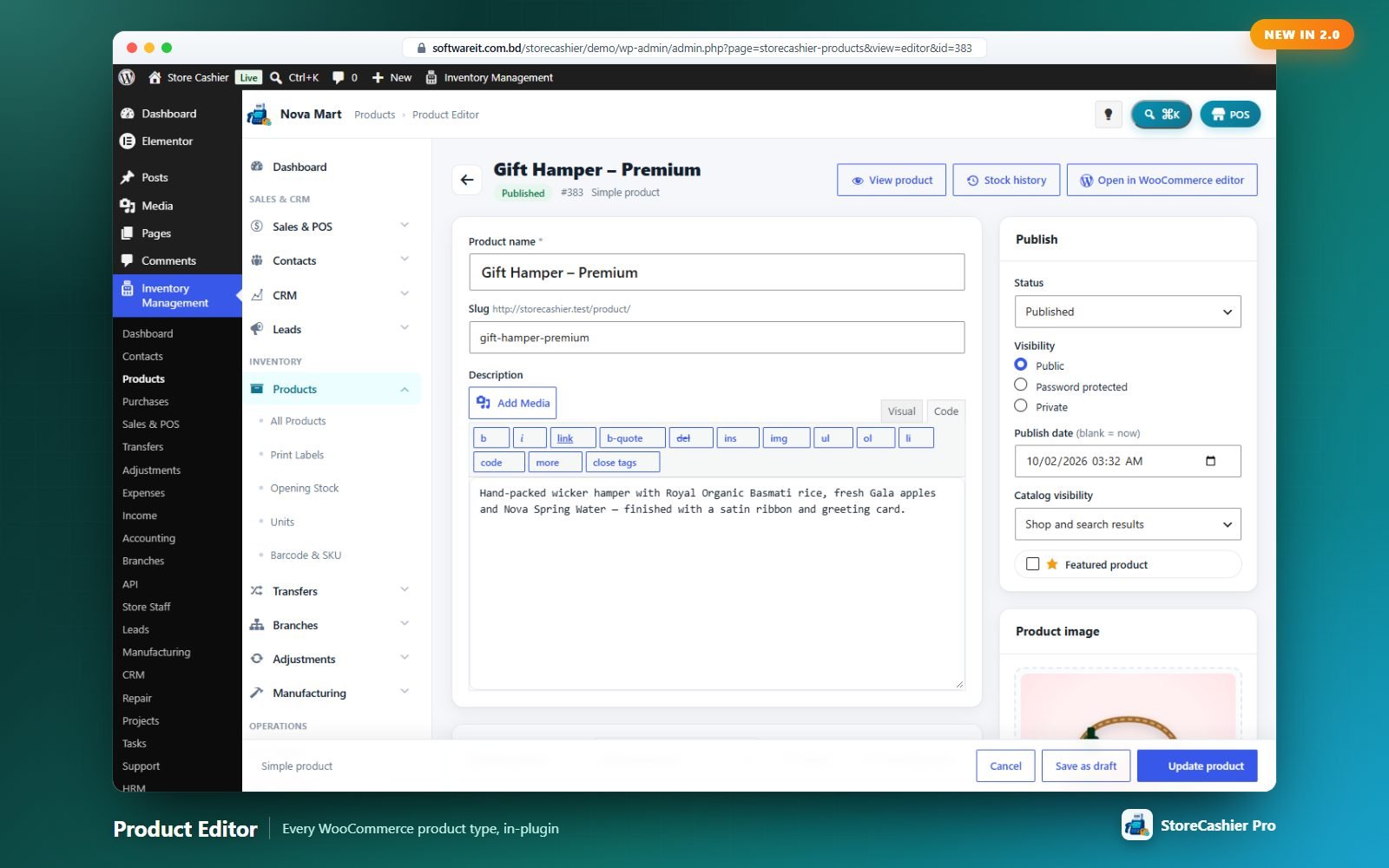 The in-plugin product editor with General, Inventory, Shipping, Attributes, Variations and StoreCashier tabs.