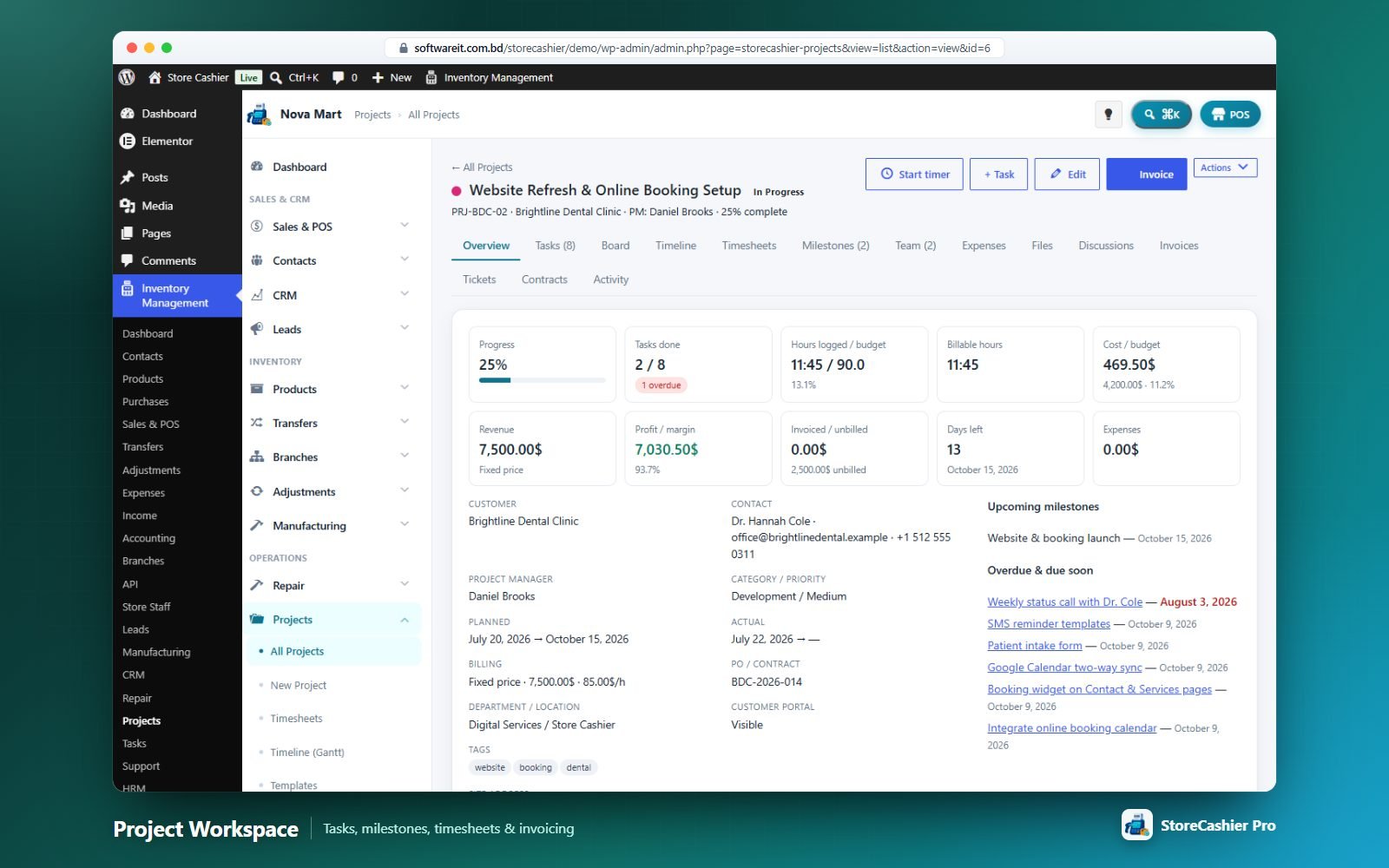 Project workspace — KPIs, upcoming milestones and the tabbed workspace.