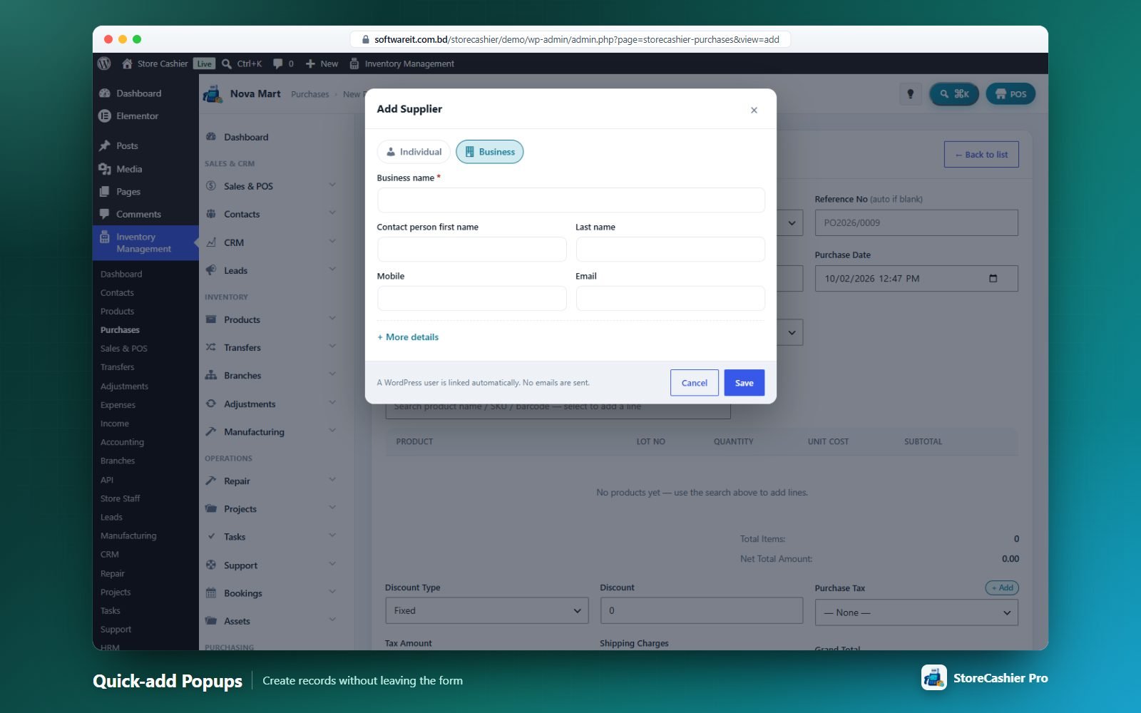 The quick-add customer popup — create a contact without leaving the form you are on.