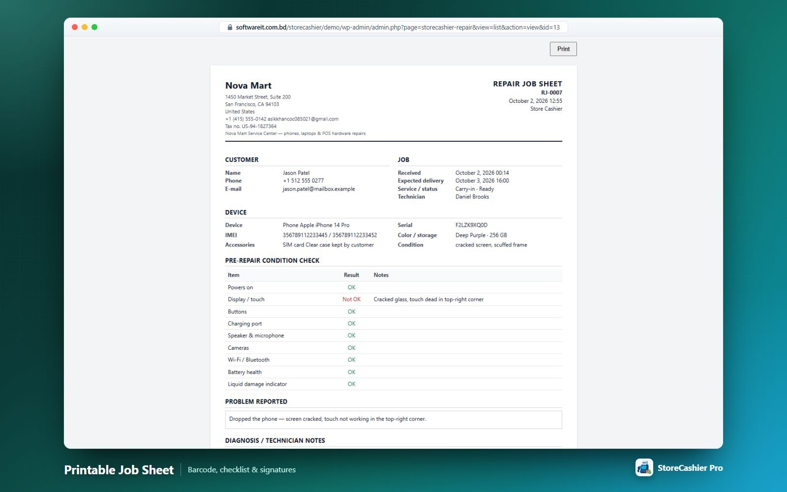 Printable job sheet with barcode, pre-repair check and customer signature lines.