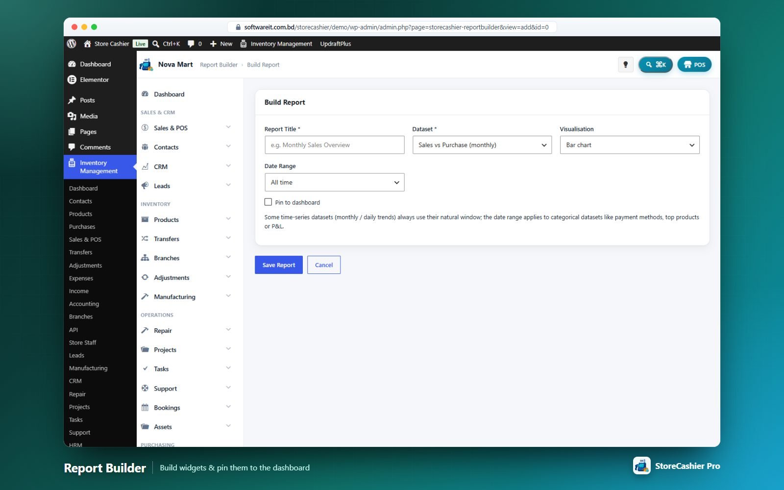 Build Report: choose a dataset, visualisation and date range, with live preview.