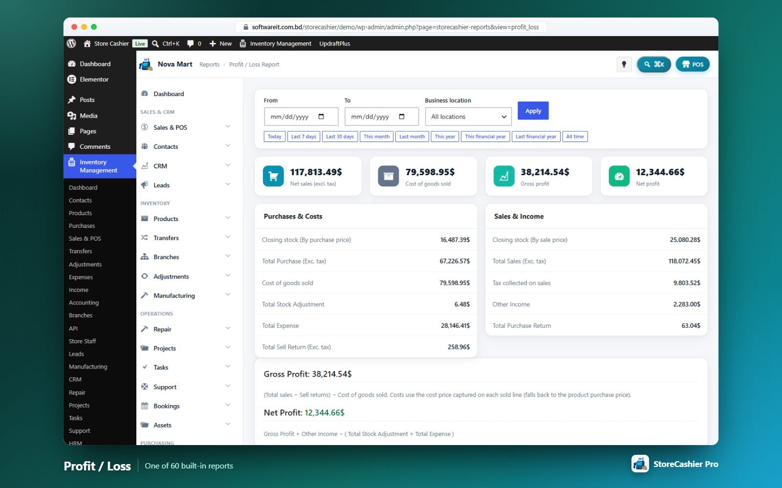 Profit / Loss report with opening and closing stock, COGS, expenses and net profit.