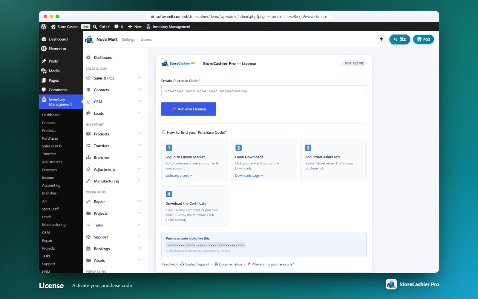 Settings → License: paste your Envato purchase code and click Activate License.