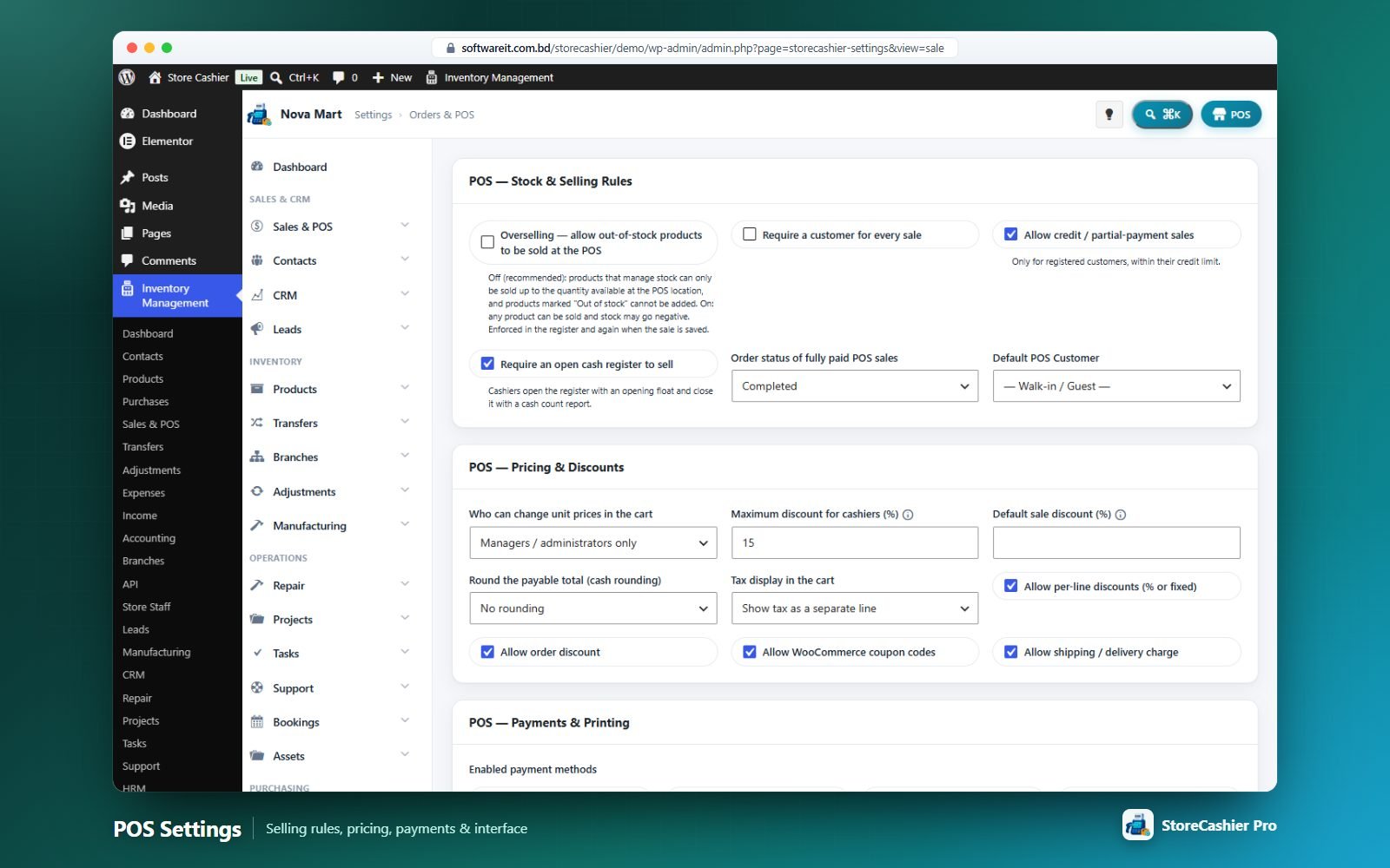 Orders & POS settings — selling rules, pricing & discounts, payments, interface and stock deduction.