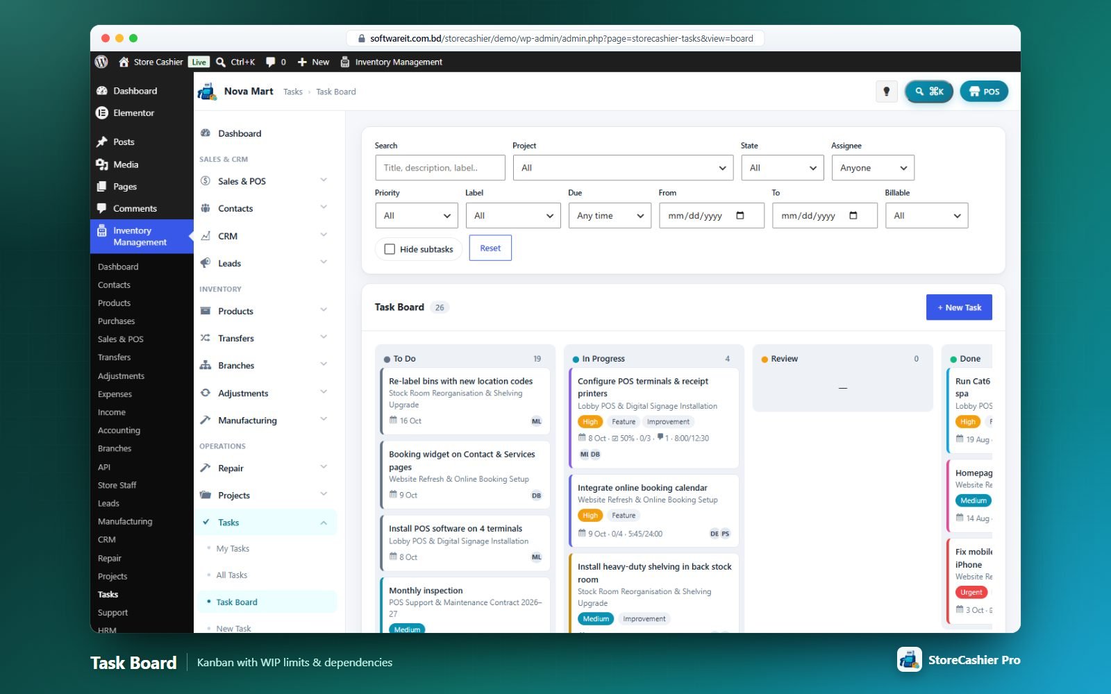 Task Board — drag cards between statuses; WIP limits and blocked badges.
