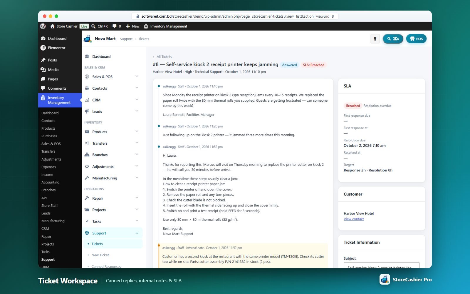 Ticket workspace — conversation, reply composer with canned replies, SLA and ticket information panels.