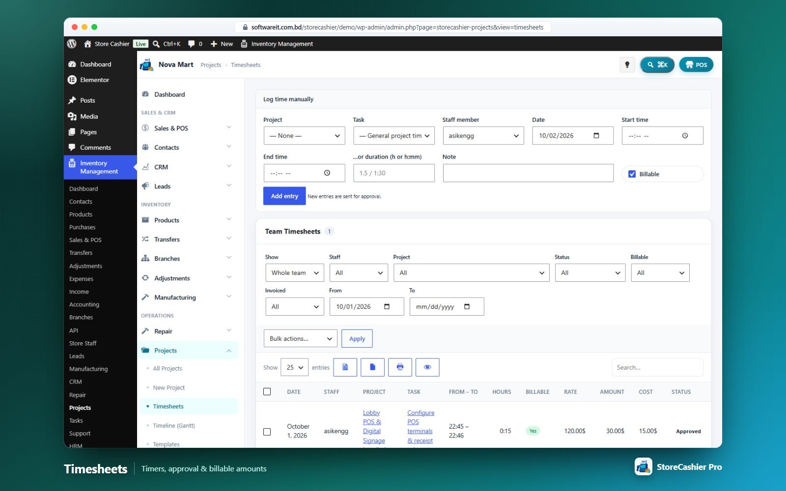 Team timesheets with running timers, approval status and billable amounts.