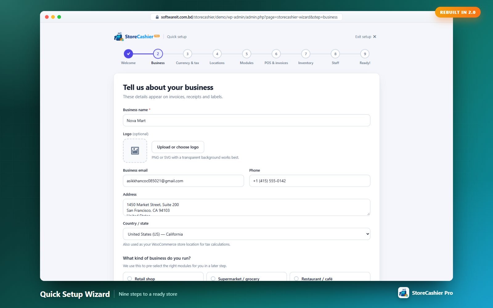 Wizard step 2 — business details and business type (which pre-selects modules).