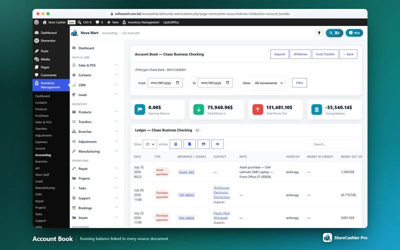 Account book with running balance and linked source documents