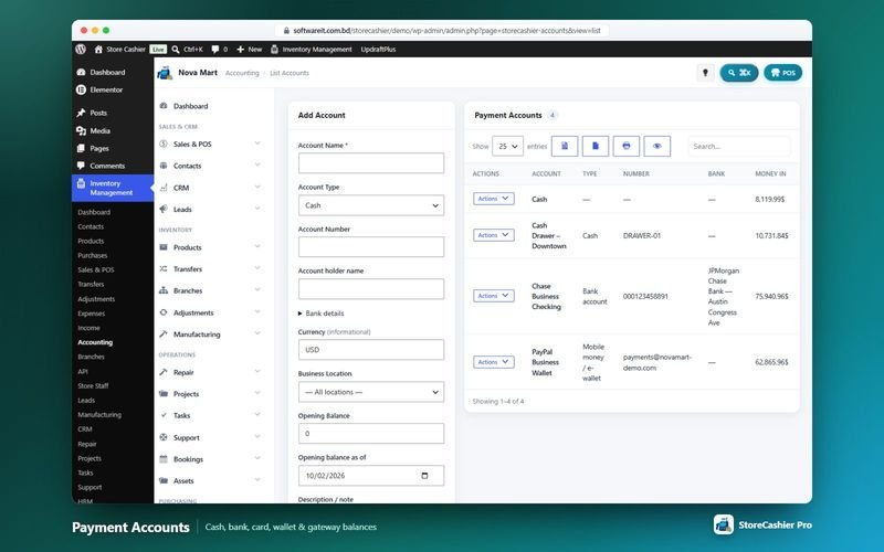 Payment accounts list with cash, bank, card and wallet balances