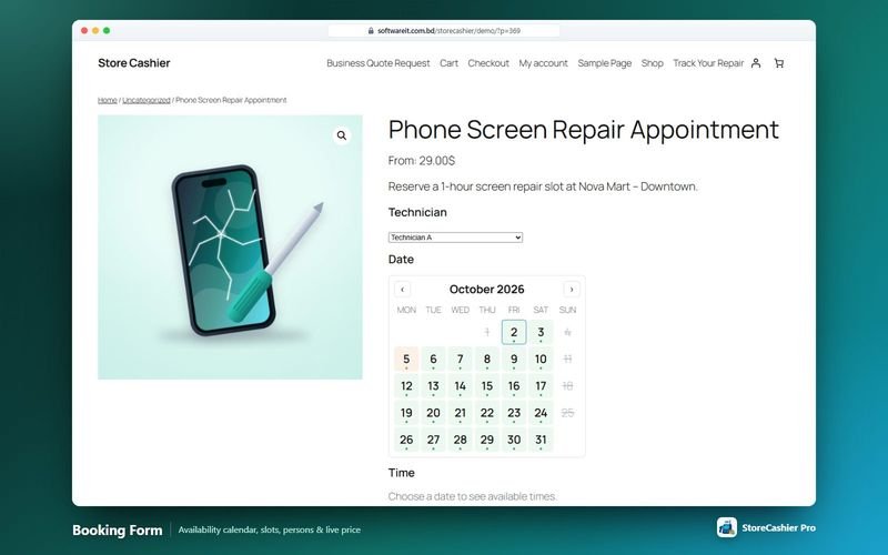 Front-end booking form with availability calendar and time slots