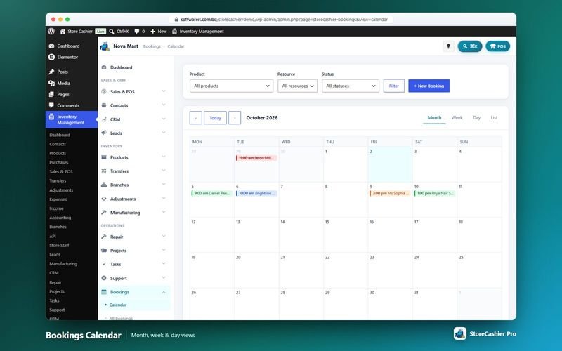 Bookings calendar with month, week and day views