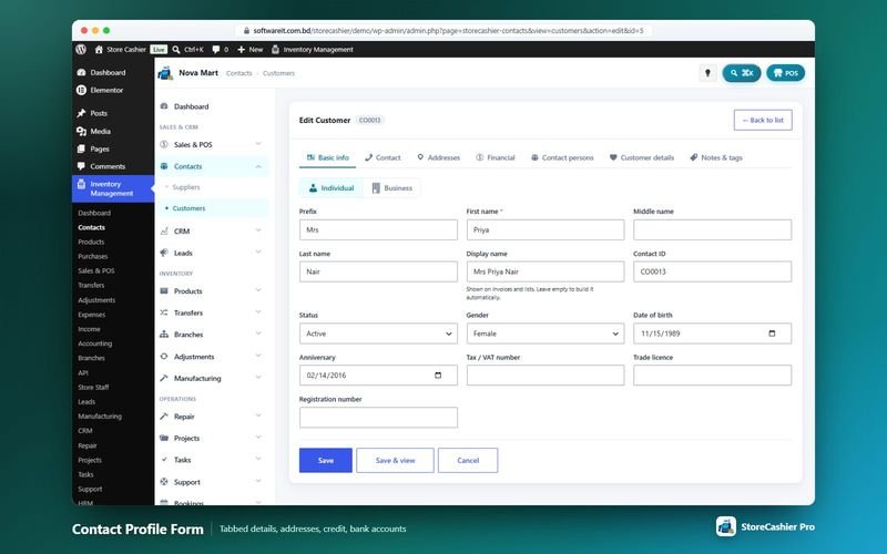 Tabbed contact form with addresses, financial terms and contact persons