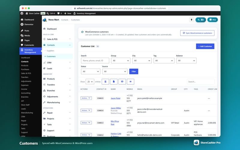 Customers list synced with WooCommerce showing balances and last order