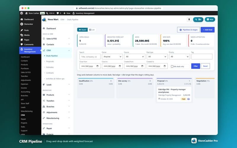 CRM deal pipeline Kanban board with weighted forecast