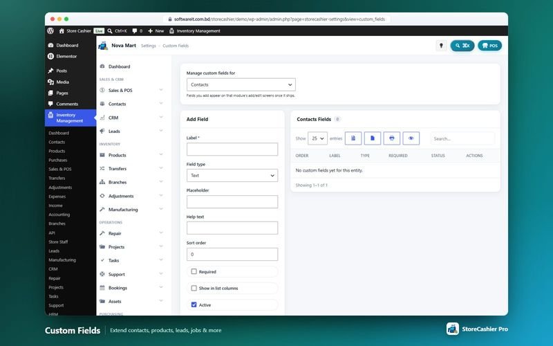 Custom fields settings for contacts, products and other records