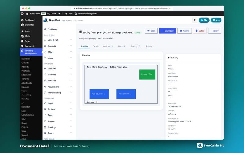 Document view with versions, links and share settings