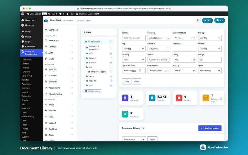 Document library with folders, expiry and filters