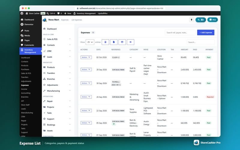 Expenses list with categories, payees, tax and payment status