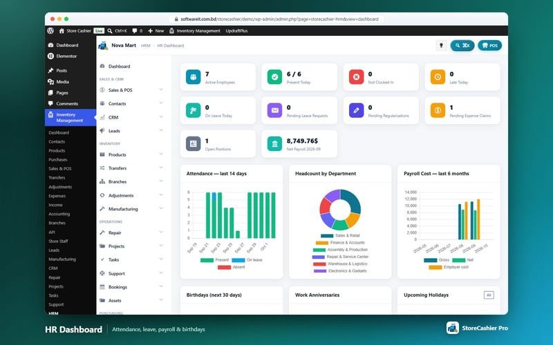 HR dashboard with attendance, leave and payroll