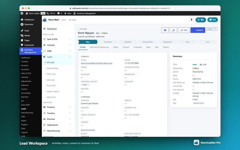Lead workspace with profile, activities and conversion