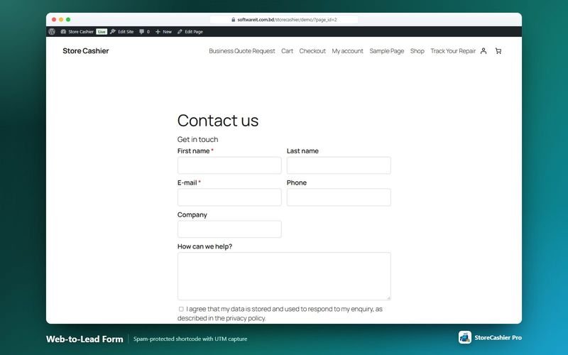 Web-to-lead form generated by shortcode