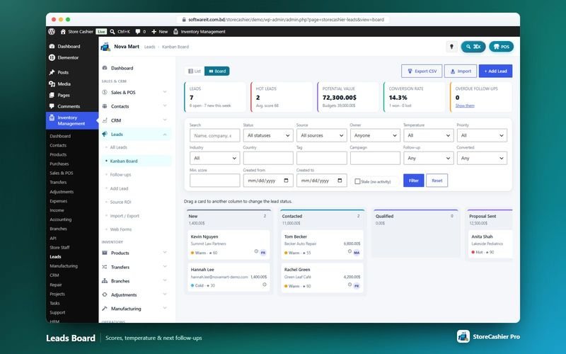 Leads Kanban board with lead scores and temperature