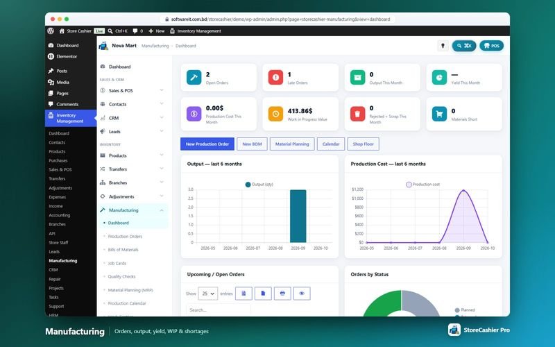 Manufacturing dashboard with production orders and work in progress