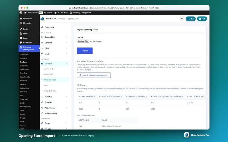 Opening stock screen with quantities per location and CSV import