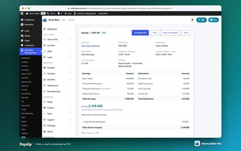 Employee payslip with PDF download